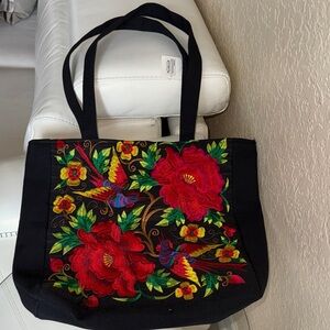 Floral Embroidered Black Tote Bag